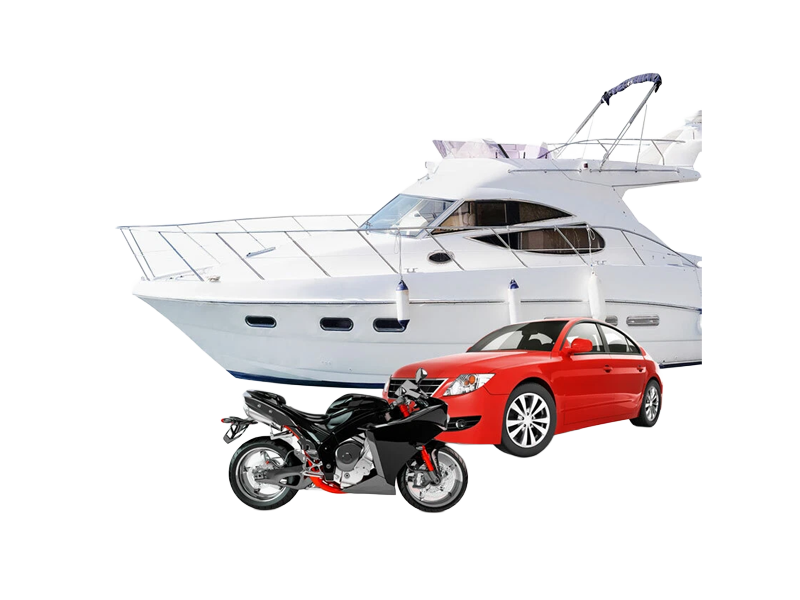 A Boat, Car, and a Motorcycle